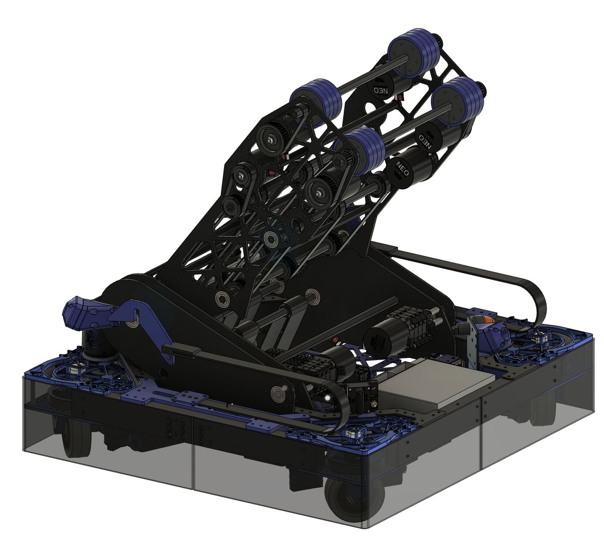 CAD render of the complete 2024 robot: shooter raised on its pivot, swerve drivetrain and electronics