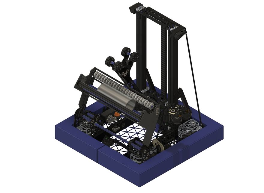 Isometric render of the off-season robot with the elevator extended
