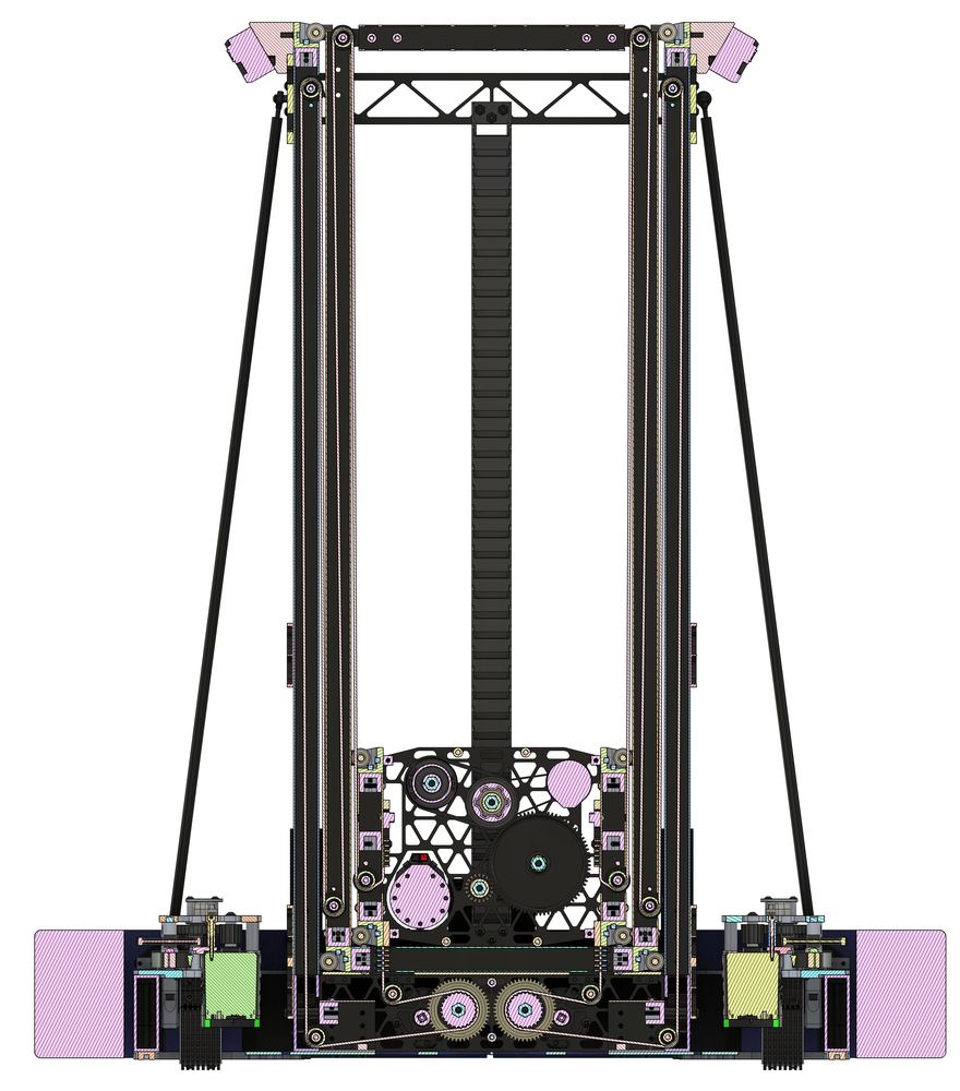Section view of the off-season robot showing the internally belted two-stage elevator, carriage and gearbox