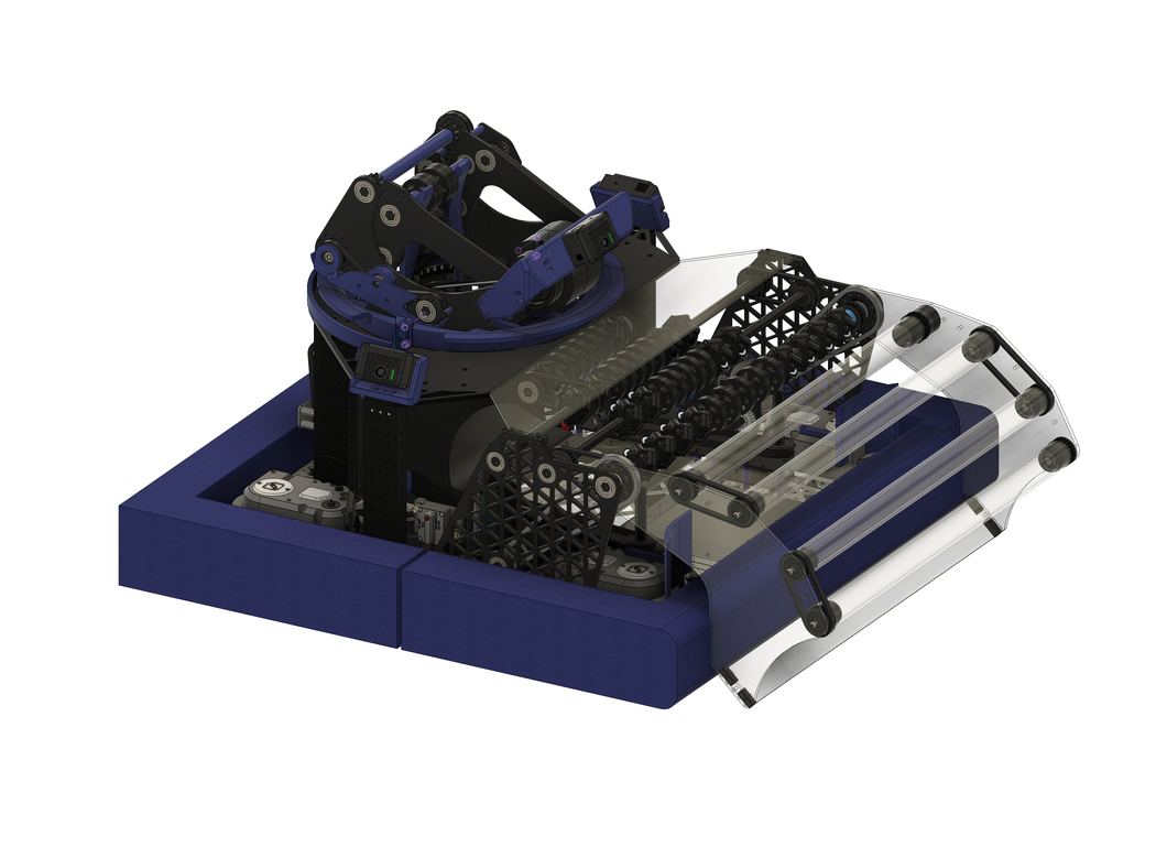 CAD render of the 2026 robot showing drivetrain, intake, indexer and the transparent polycarbonate guides