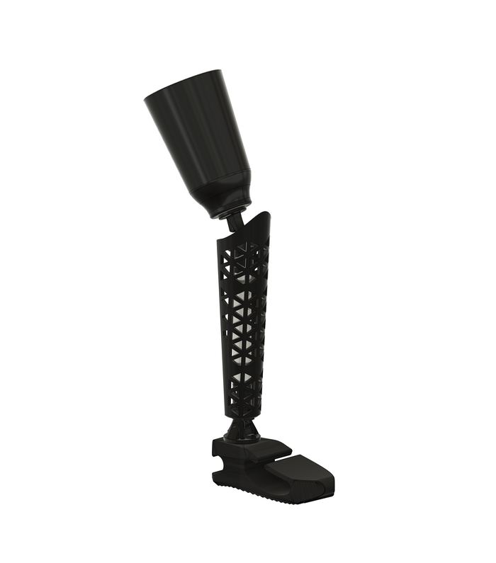 CAD render of the EcoStep prosthetic leg: socket, latticed shin shell, ankle joint and foot